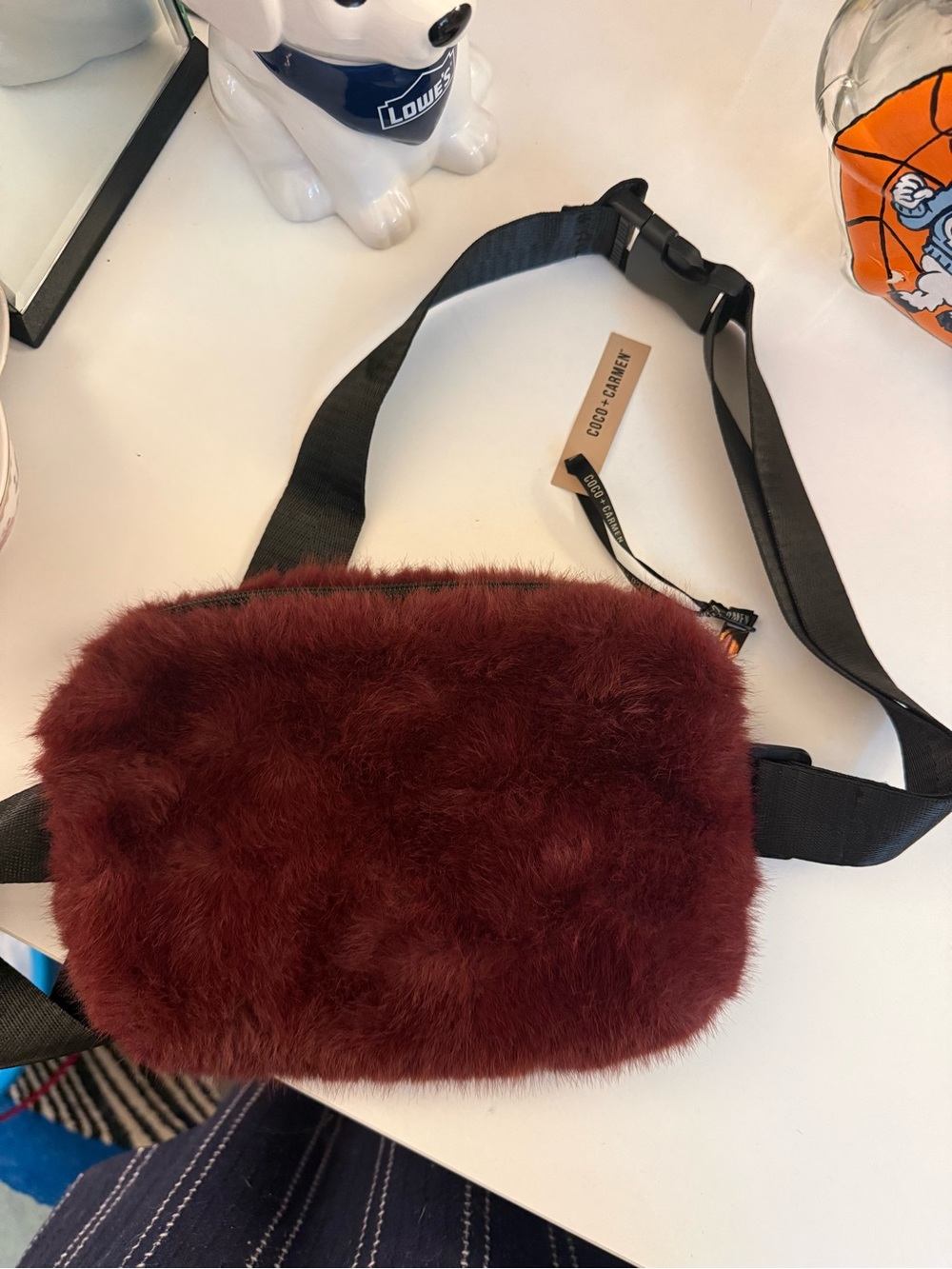 Coco + Carmen Burgundy Faux Fur Crossbody Bag with Black Strap